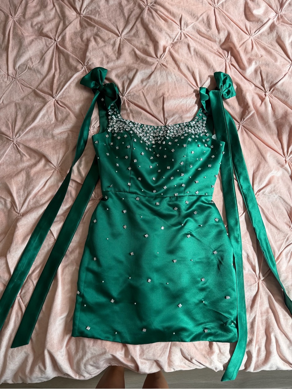 Emerald Green Jewel-Embellished Satin Mini Dress